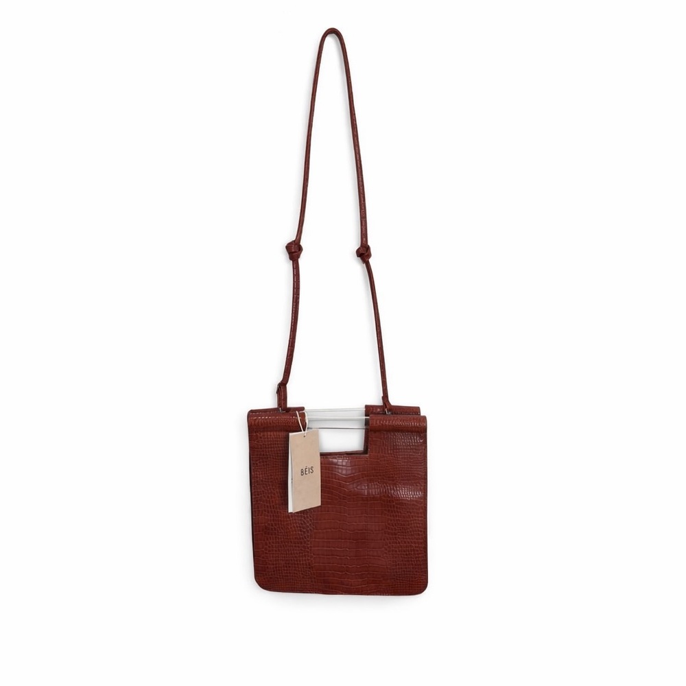 NWT Beis the Crossbody in Cognac Croc Brown Faux Leather Convertible Purse